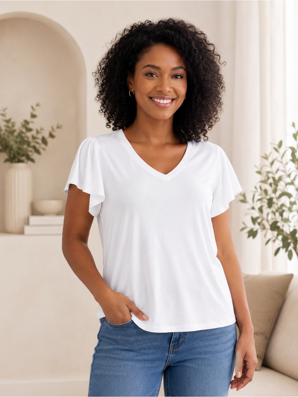 Terra & Sky Women's Plus Size V Neck Tee with Short Flutter Sleeves,
